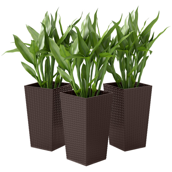 Set of 3 Tall Planters for Outdoor Plants with Drainage Hole, Indoor Outdoor Planter Flower Pot Set for Front Door, Entryway, Patio and Deck, Brown
