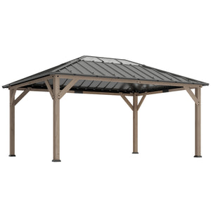 12' x 16' Hardtop Gazebo with Galvanized Steel Roof, Wood Permanent Pavilion Canopy Shelter with Clear Roof Top, UPF50+ Protection, Ceiling Hooks for Lawn, Backyard, Deck, Light Walnut