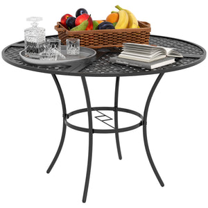 42" Round Outdoor Dining Table for 4 Persons, Metal Patio Dining Table with Umbrella Hole and Steel Frame for Backyard, Lawn, Balcony, Pool, Black