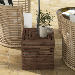 2-in-1 Outdoor Storage Box for Umbrella Base, Patio Side Table, Wooden Patio Umbrella Stand Table with Umbrella Hole, Brown