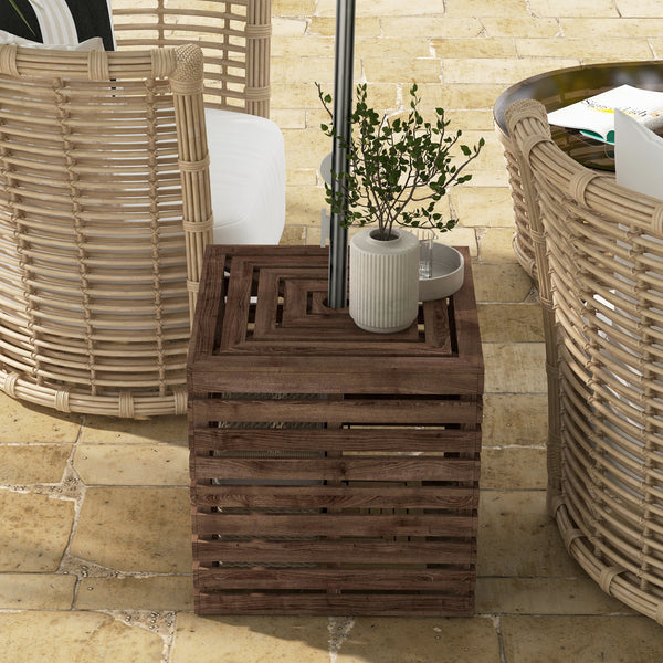 2-in-1 Outdoor Storage Box for Umbrella Base, Patio Side Table, Wooden Patio Umbrella Stand Table with Umbrella Hole, Brown