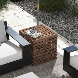 2-in-1 Outdoor Storage Box for Umbrella Base, Patio Side Table, Wooden Patio Umbrella Stand Table with Umbrella Hole, Brown