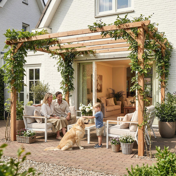 3 x 3 m Wooden Pergola Kit, Garden Pergola Gazebo Grape Trellis with Triangle Supports, 5 Crossing Beams for Climbing Vines, Flowers, Sun Shade Shelter for Grill, Patio, Maple Wood-effect