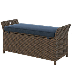 2-In-1 Patio Wicker Storage Bench, 29 Gallon Outdoor PE Rattan Patio Furniture, Large Capacity Rectangle Basket Box with Handles and Cushion, Navy Blue