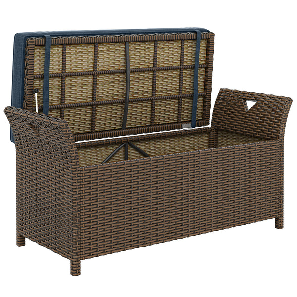 2-In-1 Patio Wicker Storage Bench, 29 Gallon Outdoor PE Rattan Patio Furniture, Large Capacity Rectangle Basket Box with Handles and Cushion, Navy Blue
