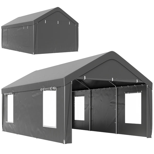 Carport, 12 x 20ft Portable Garage with 2 Roll-Up Doors and 4 Windows, Heavy Duty Outdoor Car Shelter with Removable Sidewalls for Car, Truck, Garden Tools, Dark Grey