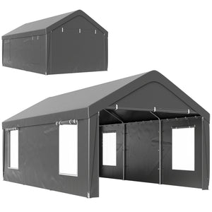 Carport, 12 x 20ft Portable Garage with 2 Roll-Up Doors and 4 Windows, Heavy Duty Outdoor Car Shelter with Removable Sidewalls for Car, Truck, Garden Tools, Dark Grey