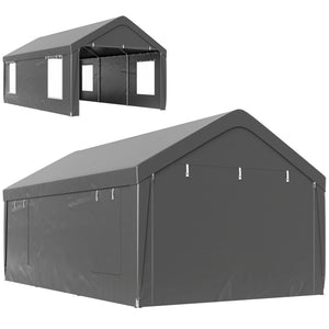 Carport, 12 x 20ft Portable Garage with 2 Roll-Up Doors and 4 Windows, Heavy Duty Outdoor Car Shelter with Removable Sidewalls for Car, Truck, Garden Tools, Dark Grey