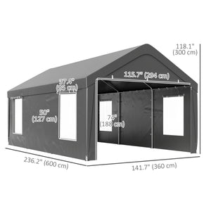 Carport, 12 x 20ft Portable Garage with 2 Roll-Up Doors and 4 Windows, Heavy Duty Outdoor Car Shelter with Removable Sidewalls for Car, Truck, Garden Tools, Dark Grey