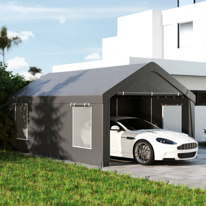 Carport, 12 x 20ft Portable Garage with 2 Roll-Up Doors and 4 Windows, Heavy Duty Outdoor Car Shelter with Removable Sidewalls for Car, Truck, Garden Tools, Dark Grey