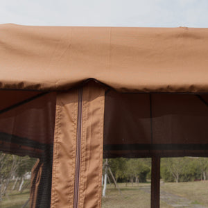10' x 10' Outdoor Patio Gazebo Double Soft-top Garden Shelter Tent with Beautiful Polyester Curtains, & Mesh Screen Drapes, Brown