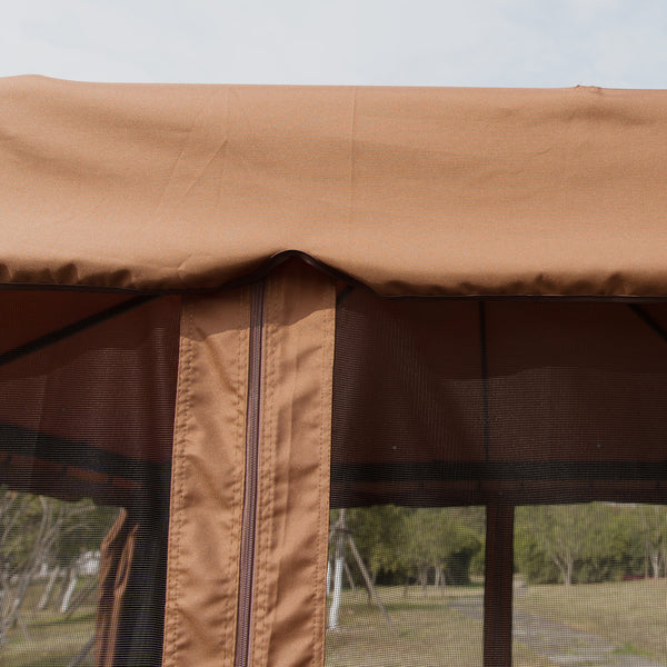 10' x 10' Outdoor Patio Gazebo Double Soft-top Garden Shelter Tent with Beautiful Polyester Curtains, & Mesh Screen Drapes, Brown