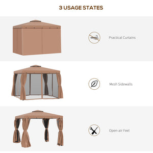 10' x 10' Outdoor Patio Gazebo Double Soft-top Garden Shelter Tent with Beautiful Polyester Curtains, & Mesh Screen Drapes, Brown