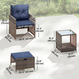 5 Piece Patio Furniture Set, Wicker Patio Chairs with Ottomans, 2-Tier Glass Coffee Table, Cushions, Outdoor Patio Furniture Conversation Set for Balcony, Brown/Dark Blue