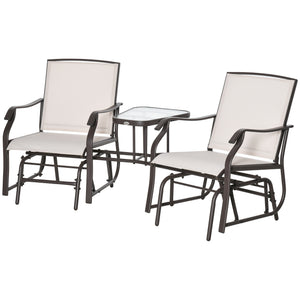 Outdoor Double Glider Rocking Chairs with Glass Top Middle Table, Metal Gliding Love Seat Conversation Furniture with Breathable Mesh Fabric Seat, for Garden, Patio, Brown