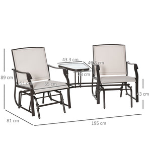 Outdoor Double Glider Rocking Chairs with Glass Top Middle Table, Metal Gliding Love Seat Conversation Furniture with Breathable Mesh Fabric Seat, for Garden, Patio, Brown