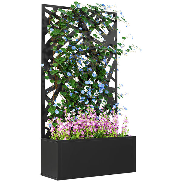 Metal Raised Garden Bed with Trellis for Climbing Plants, Freestanding or Wall Mounted Flower Bed with Privacy Panel, Irregular Line Cut-Outs Outdoor Planter Box for Garden, Patio, Balcony