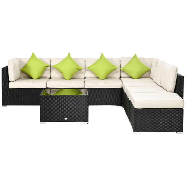 8 Pieces PE Rattan Corner Sofa Set, Outdoor Garden Furniture Set, Patio Wicker Sofa Seater w/ Cushion, Washable Cushion Cover & Tempered Glass Table, Black