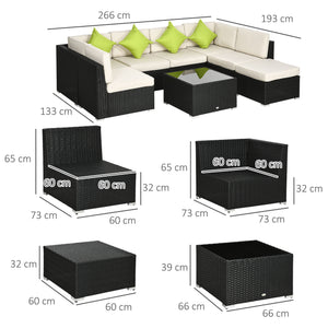 8 Pieces PE Rattan Corner Sofa Set, Outdoor Garden Furniture Set, Patio Wicker Sofa Seater w/ Cushion, Washable Cushion Cover & Tempered Glass Table, Black