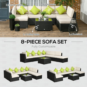 8 Pieces PE Rattan Corner Sofa Set, Outdoor Garden Furniture Set, Patio Wicker Sofa Seater w/ Cushion, Washable Cushion Cover & Tempered Glass Table, Black