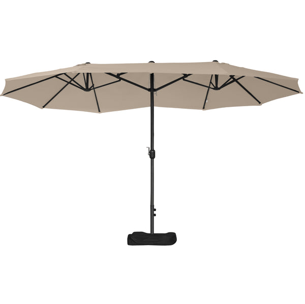 15' Outdoor Patio Umbrella with Twin Canopy Sunshade Steel Table Umbrella with Lift Crank, Cross base, Sandbag, Khaki