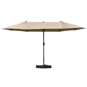 15' Outdoor Patio Umbrella with Twin Canopy Sunshade Steel Table Umbrella with Lift Crank, Cross base, Sandbag, Khaki