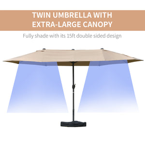 15' Outdoor Patio Umbrella with Twin Canopy Sunshade Steel Table Umbrella with Lift Crank, Cross base, Sandbag, Khaki
