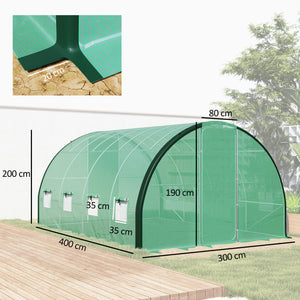 4 x 3(m) Walk-in Polytunnel Greenhouse with Upgraded Structure, 2 Hinged Doors, 8 Mesh Windows, Tunnel Warm House Tent with UV-resistant PE Cover, Green