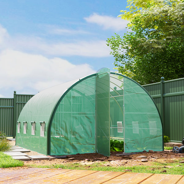 4 x 3(m) Walk-in Polytunnel Greenhouse with Upgraded Structure, 2 Hinged Doors, 8 Mesh Windows, Tunnel Warm House Tent with UV-resistant PE Cover, Green