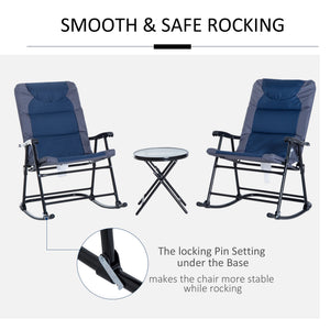 3pc Patio Foldable Rocking Chair Set, Outdoor Rocking Chairs and Table Bistro Set w/ Padded Seat, Headrest, Backrest for park, backyard, garden, Blue