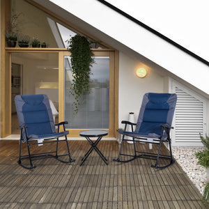 3pc Patio Foldable Rocking Chair Set, Outdoor Rocking Chairs and Table Bistro Set w/ Padded Seat, Headrest, Backrest for park, backyard, garden, Blue
