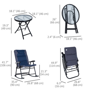 3pc Patio Foldable Rocking Chair Set, Outdoor Rocking Chairs and Table Bistro Set w/ Padded Seat, Headrest, Backrest for park, backyard, garden, Blue