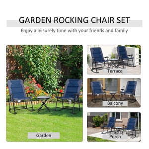 3pc Patio Foldable Rocking Chair Set, Outdoor Rocking Chairs and Table Bistro Set w/ Padded Seat, Headrest, Backrest for park, backyard, garden, Blue