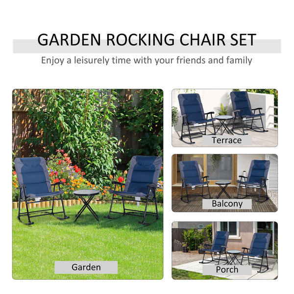 3pc Patio Foldable Rocking Chair Set, Outdoor Rocking Chairs and Table Bistro Set w/ Padded Seat, Headrest, Backrest for park, backyard, garden, Blue