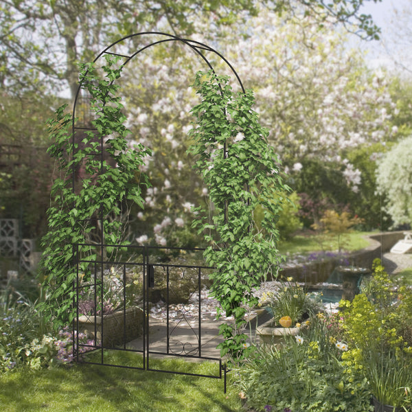 Outdoor Garden Arch with Double Gates, Metal Garden Arbor for Climbing Plants, Roses, Vines, Wedding Arch for Outdoor, 114L x 36W x 232H cm, Black