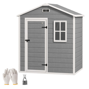 6 x 4ft Garden Shed, Plastic Shed with Floor, Window, Lockable Door and Vents, Wood Effect Resin Tool Shed for Outdoor, Grey