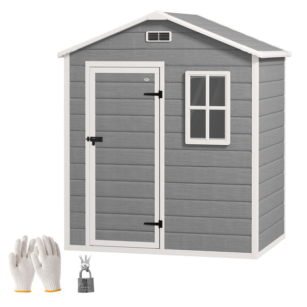 6 x 4ft Garden Shed, Plastic Shed with Floor, Window, Lockable Door and Vents, Wood Effect Resin Tool Shed for Outdoor, Grey