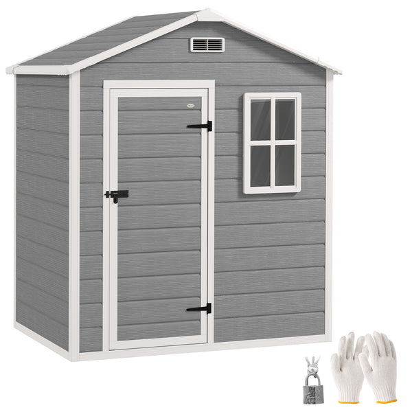 6 x 4ft Garden Shed, Plastic Shed with Floor, Window, Lockable Door and Vents, Wood Effect Resin Tool Shed for Outdoor, Grey