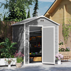 6 x 4ft Garden Shed, Plastic Shed with Floor, Window, Lockable Door and Vents, Wood Effect Resin Tool Shed for Outdoor, Grey