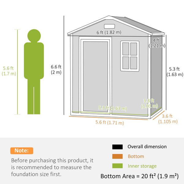 6 x 4ft Garden Shed, Plastic Shed with Floor, Window, Lockable Door and Vents, Wood Effect Resin Tool Shed for Outdoor, Grey