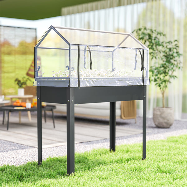 Raised Garden Bed with Greenhouse Cover, Elevated Planter Box with Legs and Drainage Hole for Vegetables Flowers Herbs, 39.4" x 18.9" x 48.8", Dark Gray