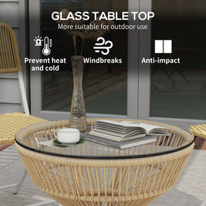 Rattan Outdoor Coffee Table, Patio End Table with Tempered Glass Tabletop & Steel Frame, Round Side Table Wicker Furniture for Backyard Lawn Balcony, Nature Wood