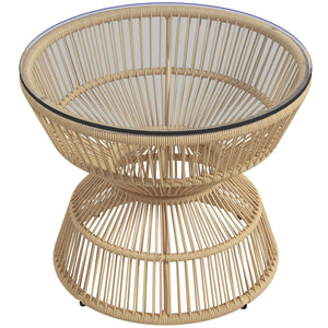 Rattan Outdoor Coffee Table, Patio End Table with Tempered Glass Tabletop & Steel Frame, Round Side Table Wicker Furniture for Backyard Lawn Balcony, Nature Wood
