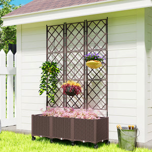 Plastic Raised Planter with Trellis, Self Watering Raised Bed for Garden with Wheels, Drainage Holes and Plugs for Climbing Plants, Outdoor Elevated Planter Box for Vegetables Flowers Herbs
