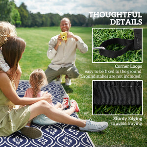 Outsunny Reversible Outdoor Rug, 9' x 18' Waterproof Plastic Straw Floor Mat, Portable RV Camping Carpet, Large Floor Mat for Backyard, Deck, Picnic, Beach, Blue & White Gourd Border
