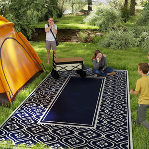 Reversible Outdoor RV Rug with Carry Bag, 9' x 18' Patio Floor Mat, Plastic Straw Rug for Backyard, Deck, Picnic, Beach, Camping, Gourd Border, Blue and White
