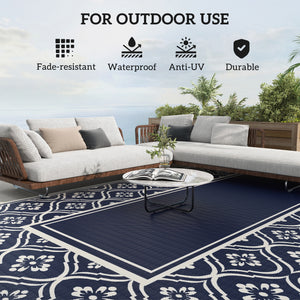 Reversible Outdoor RV Rug with Carry Bag, 9' x 18' Patio Floor Mat, Plastic Straw Rug for Backyard, Deck, Picnic, Beach, Camping, Gourd Border, Blue and White