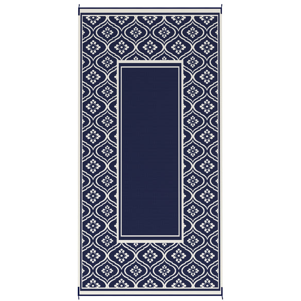 Reversible Outdoor RV Rug with Carry Bag, 9' x 18' Patio Floor Mat, Plastic Straw Rug for Backyard, Deck, Picnic, Beach, Camping, Gourd Border, Blue and White