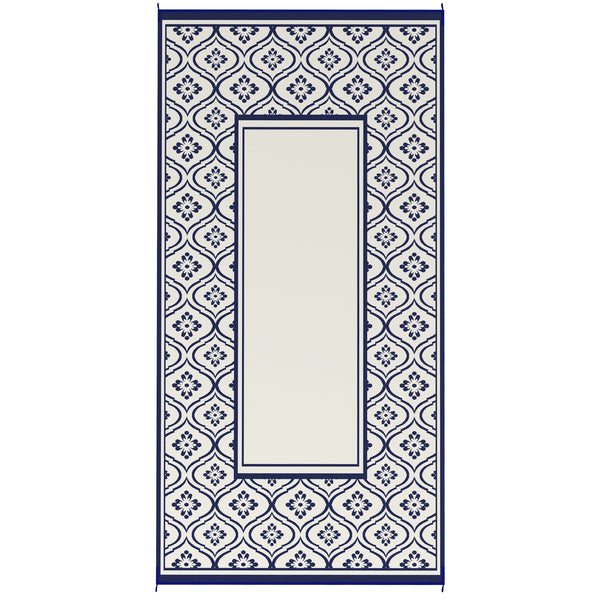 Outsunny Reversible Outdoor Rug, 9' x 18' Waterproof Plastic Straw Floor Mat, Portable RV Camping Carpet, Large Floor Mat for Backyard, Deck, Picnic, Beach, Blue & White Gourd Border