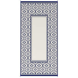 Reversible Outdoor RV Rug with Carry Bag, 9' x 18' Patio Floor Mat, Plastic Straw Rug for Backyard, Deck, Picnic, Beach, Camping, Gourd Border, Blue and White